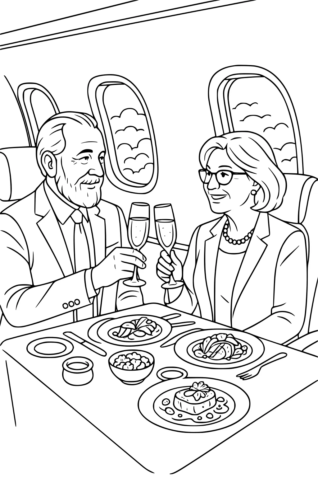 Grandparents on an airplane toast with tall glasses at dinner, smiling by clouded windows and a table of plates and dessert.