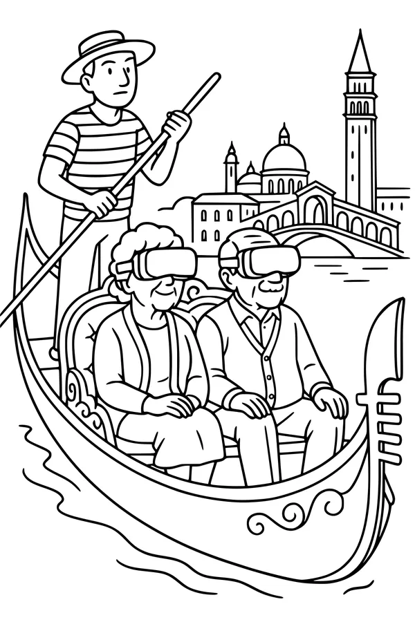 Free Grandparents Retirement Coloring Page - VR Venice Gondola Adventure (Printable PDF)