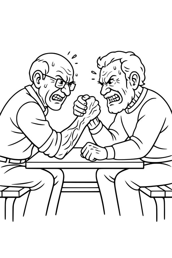 Free Grandpas Coloring Page - Elderly Arm Wrestling Match (Printable PDF)
