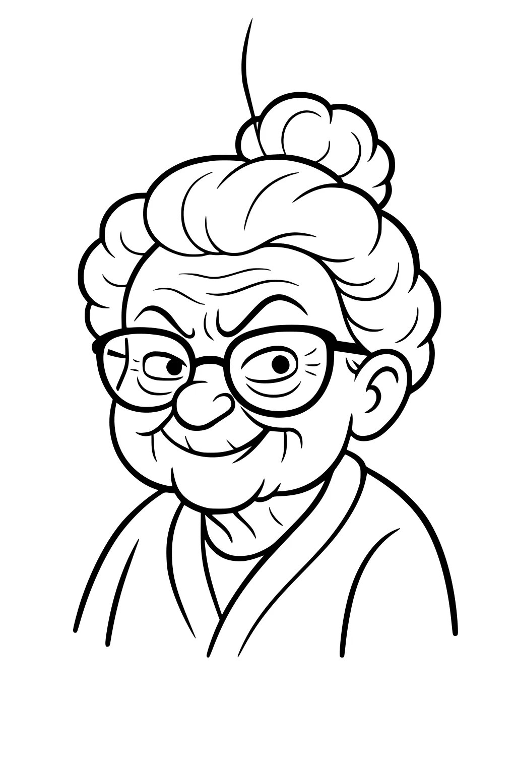 Cartoon grandma with hair bun, big round glasses, wrinkled smile, and a cozy robe, outlined in bold lines for coloring.