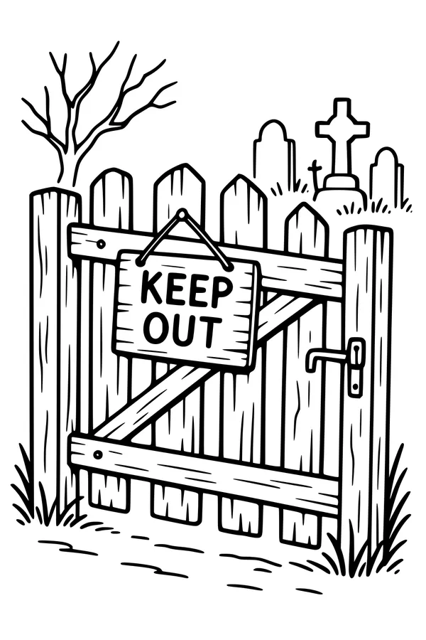 Free Graveyard Gate Coloring Page - Spooky Keep Out Sign Scene (Printable PDF)