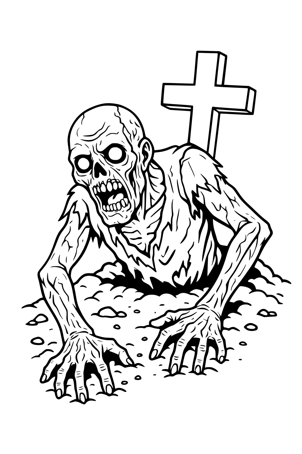 Cartoon zombie boy crawling from a grave, hollow eyes, open mouth, bony hands in dirt, tattered shirt, cross headstone behind.
