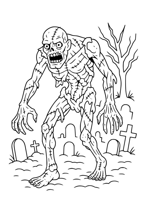 Free Zombie Coloring Page - Stitched-Up Cartoon Monster in Spooky Graveyard (Printable PDF)