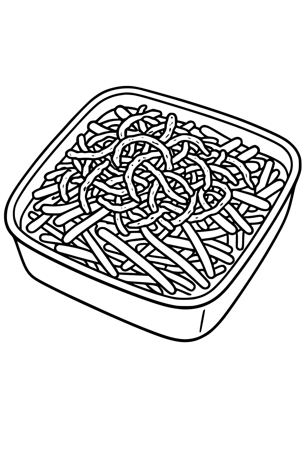 Square baking dish of green bean casserole with long beans and crispy onion rings in simple black line art.