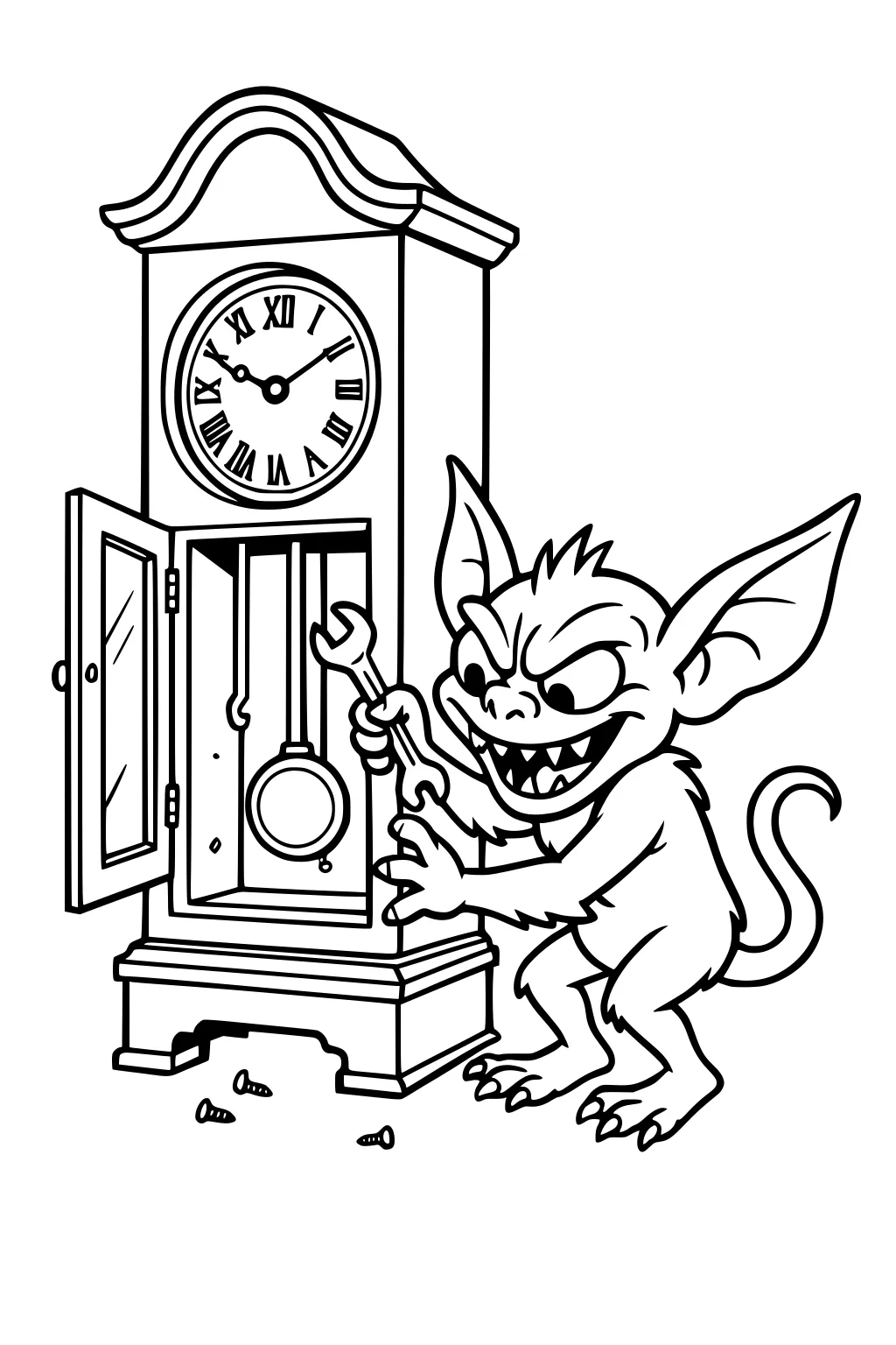 Gremlin boy with wrench tinkers with open grandfather clock, pendulum inside, Roman numeral face, screws scattered on floor.