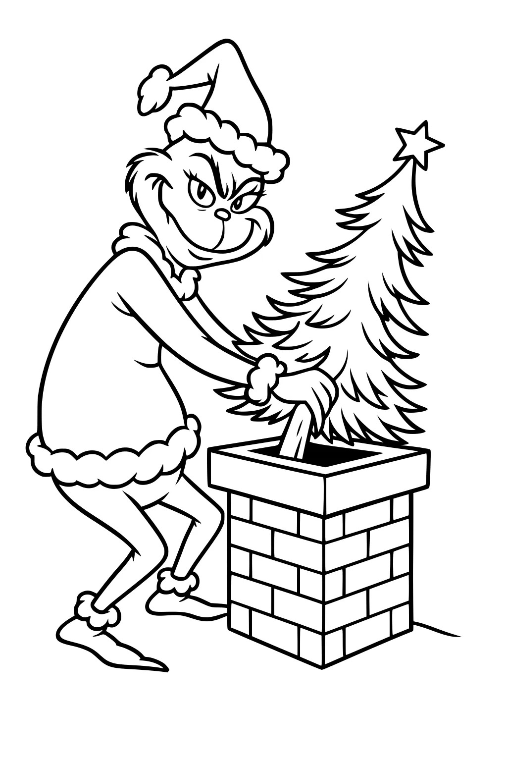 Grinch in Santa suit pushes a star-topped tree into a square brick chimney, smirking with arched brows.