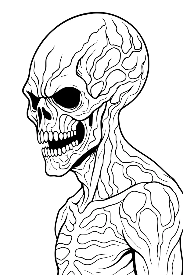 Free Alien Coloring Page - Side-View Skull-Faced Creature With Wiggly Brain (Printable PDF)