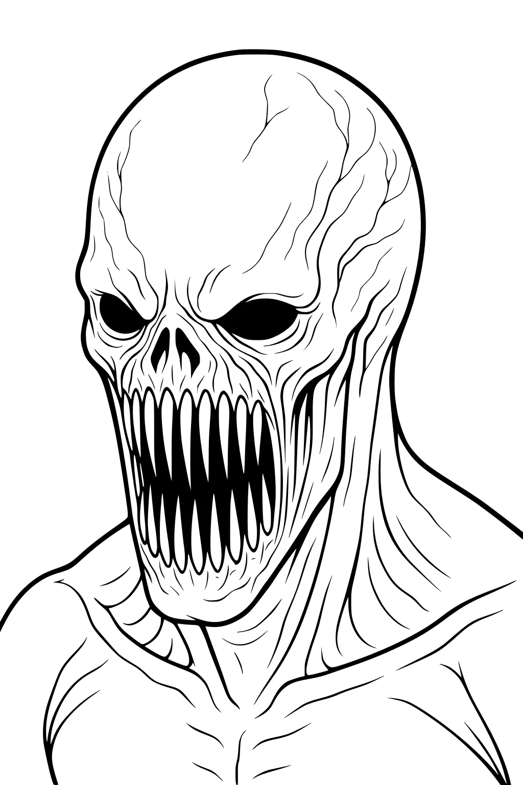 Line art of a bald demon with hollow eyes, wrinkled skin, and a huge mouth of many long teeth, shown from shoulders up.