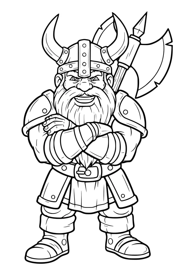 Free Dwarf Warrior Coloring Page - Bearded Fighter With Big Axe (Printable PDF)