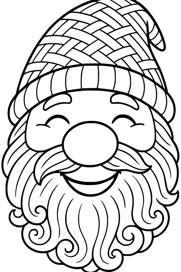 Free Gnome Coloring Page - Smiling Gnome Portrait With Swirly Beard (Printable PDF)