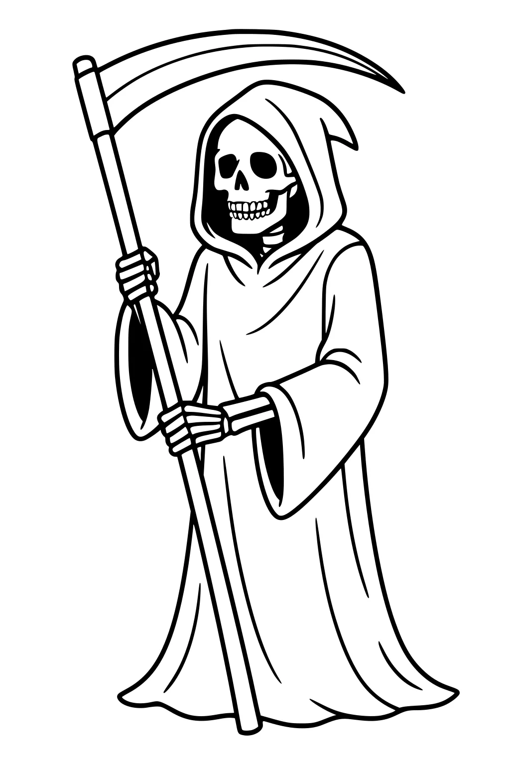 Cartoon grim reaper skeleton in hooded robe with tall scythe, smiling skull, wide sleeves, and long draped hem, simple bold lines.
