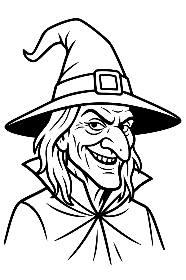 Free Witch Coloring Page - Grinning Halloween Portrait in Tall Hat (Printable PDF)