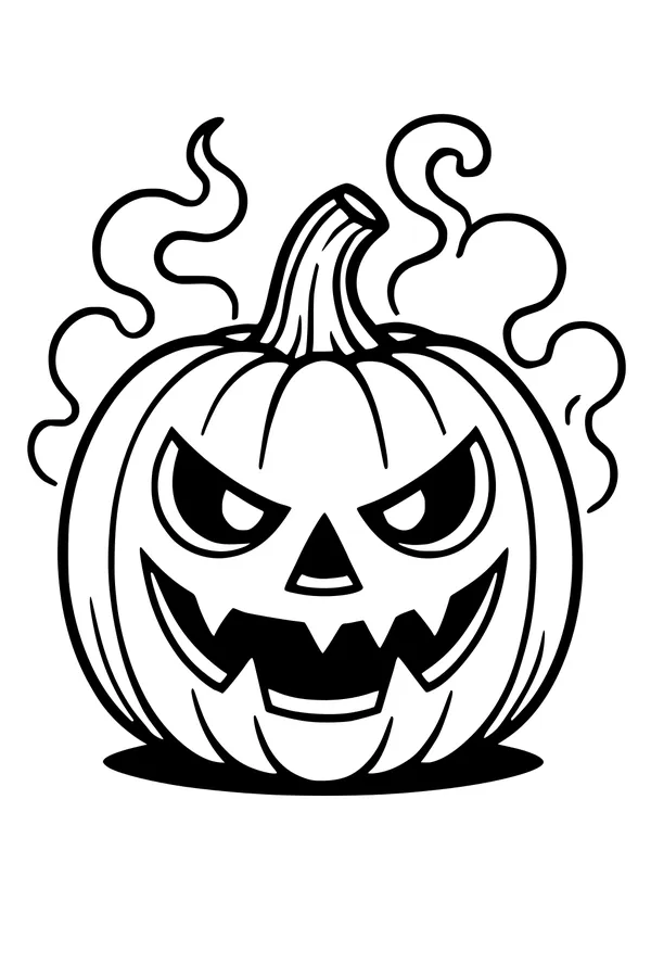 Free Jack-O-Lantern Coloring Page - Grinning Pumpkin With Swirly Smoke (Printable PDF)