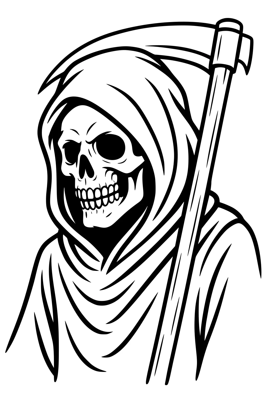 Hooded skeleton grim reaper with scythe, robe folds, and a toothy skull grin in black-and-white line art.
