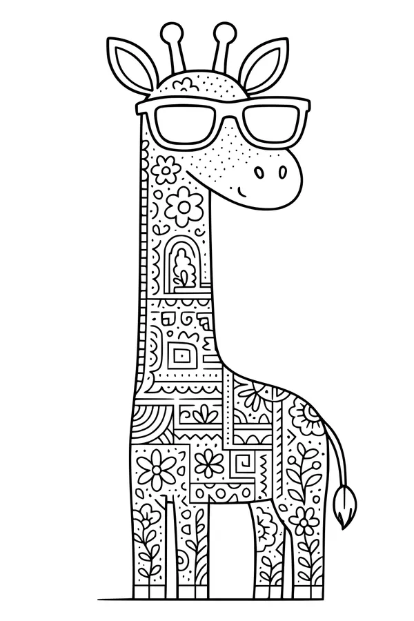 Free Giraffe Coloring Page - Groovy Sunglasses and Floral Patterns (Printable PDF)