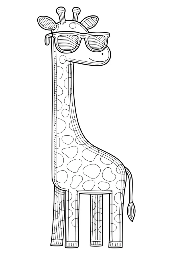Free Giraffe Coloring Page - Cartoon Giraffe With Cool Sunglasses (Printable PDF)