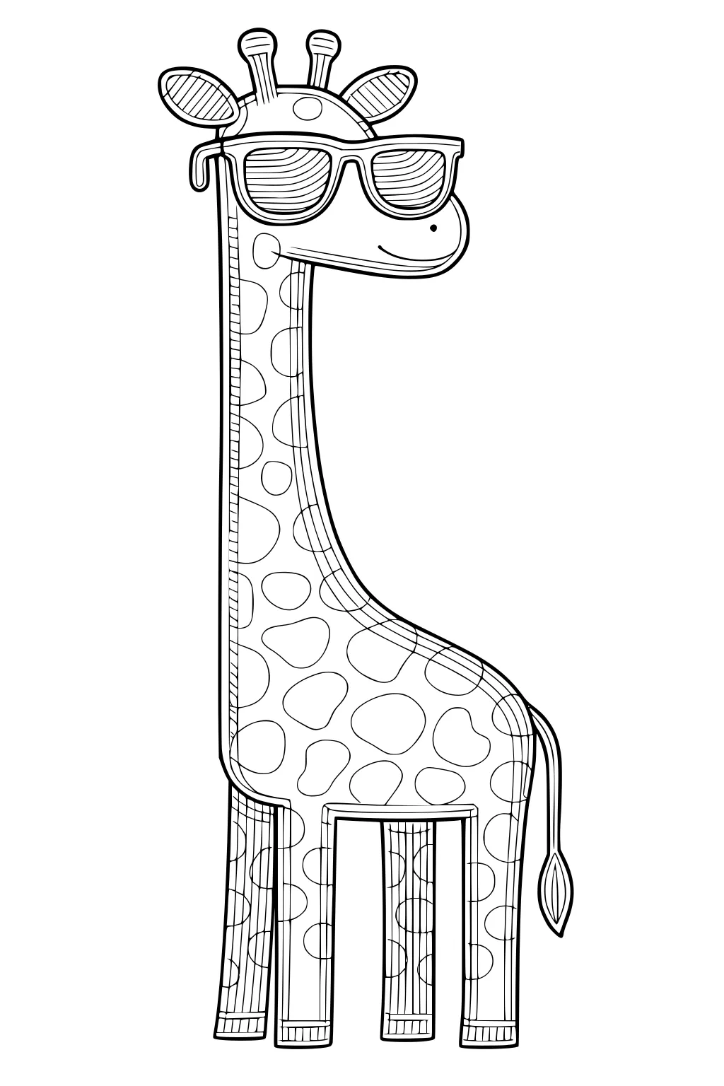 Cartoon giraffe with big sunglasses and patterned spots, standing upright and smiling