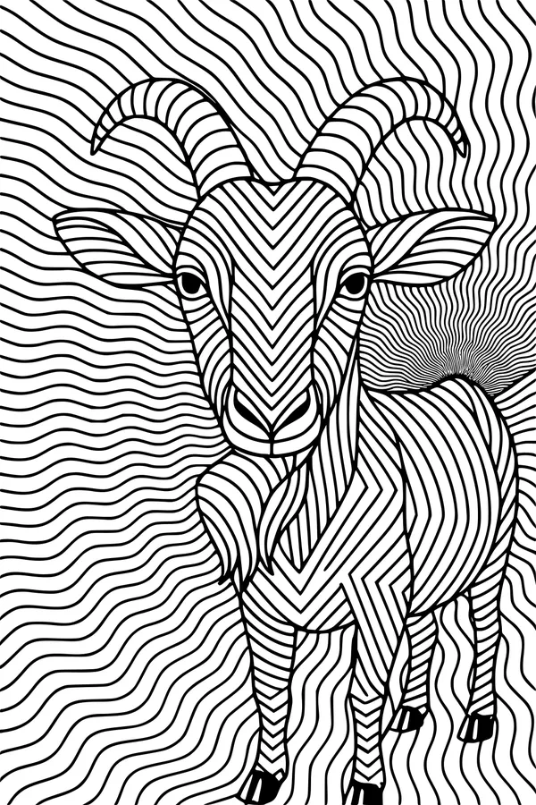 Free Goat Coloring Page - Stripey Horned Goat With Wavy Background (Printable PDF)