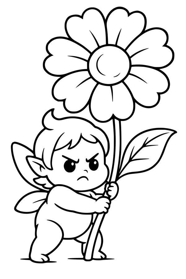 Free Fairy Coloring Page - Grumpy Pixie With Giant Daisy (Printable PDF)