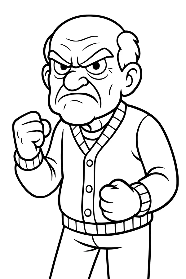 Free Grandpa Coloring Page - Grumpy Elderly Man in Cardigan (Printable PDF)