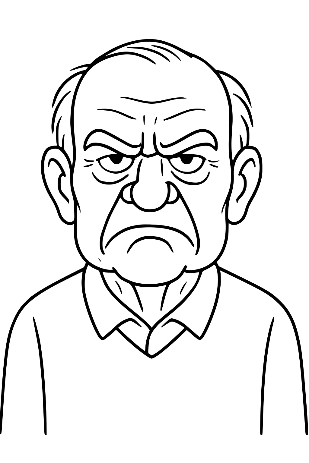 Cartoon elderly man with frown, large nose, thick brows, and a sweater over a collared shirt, front view portrait, bold outlines.