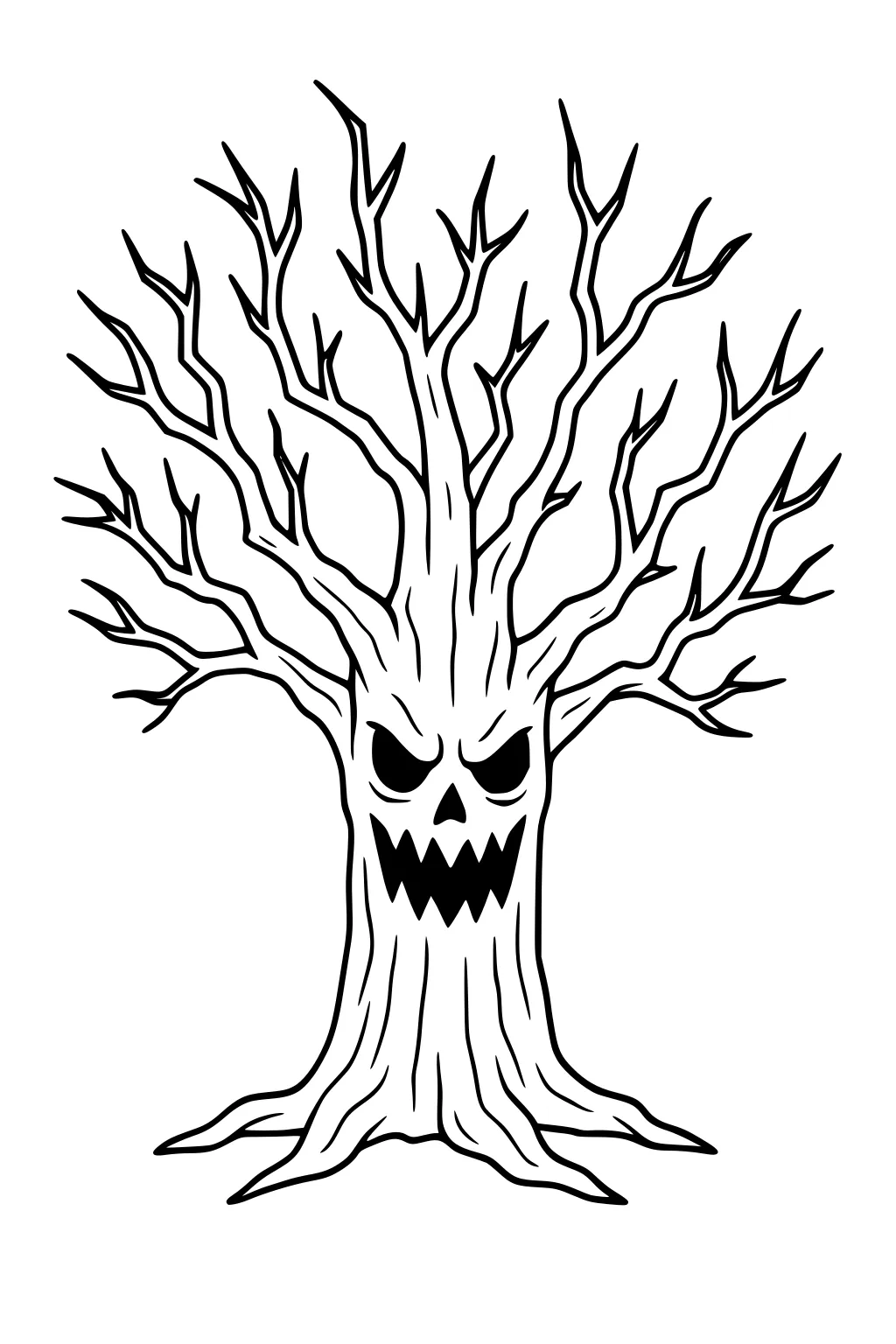 Leafless Halloween tree with a carved spooky face, jagged mouth, triangle nose, and twisting branches on a plain background.