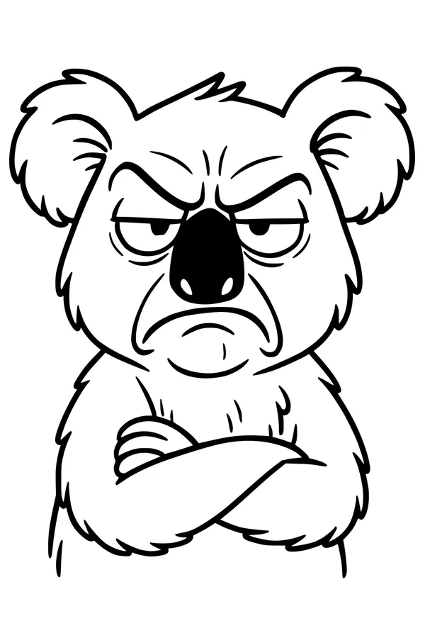 Free Koala Coloring Page - Grumpy Cartoon Koala With Crossed Arms (Printable PDF)