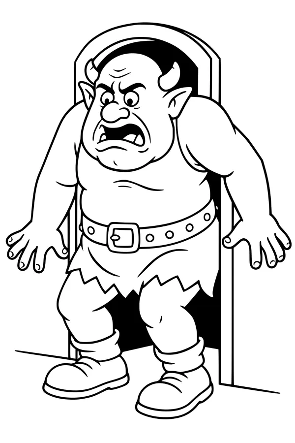 Free Ogre Coloring Page - Grumpy Monster at Arched Doorway (Printable PDF)