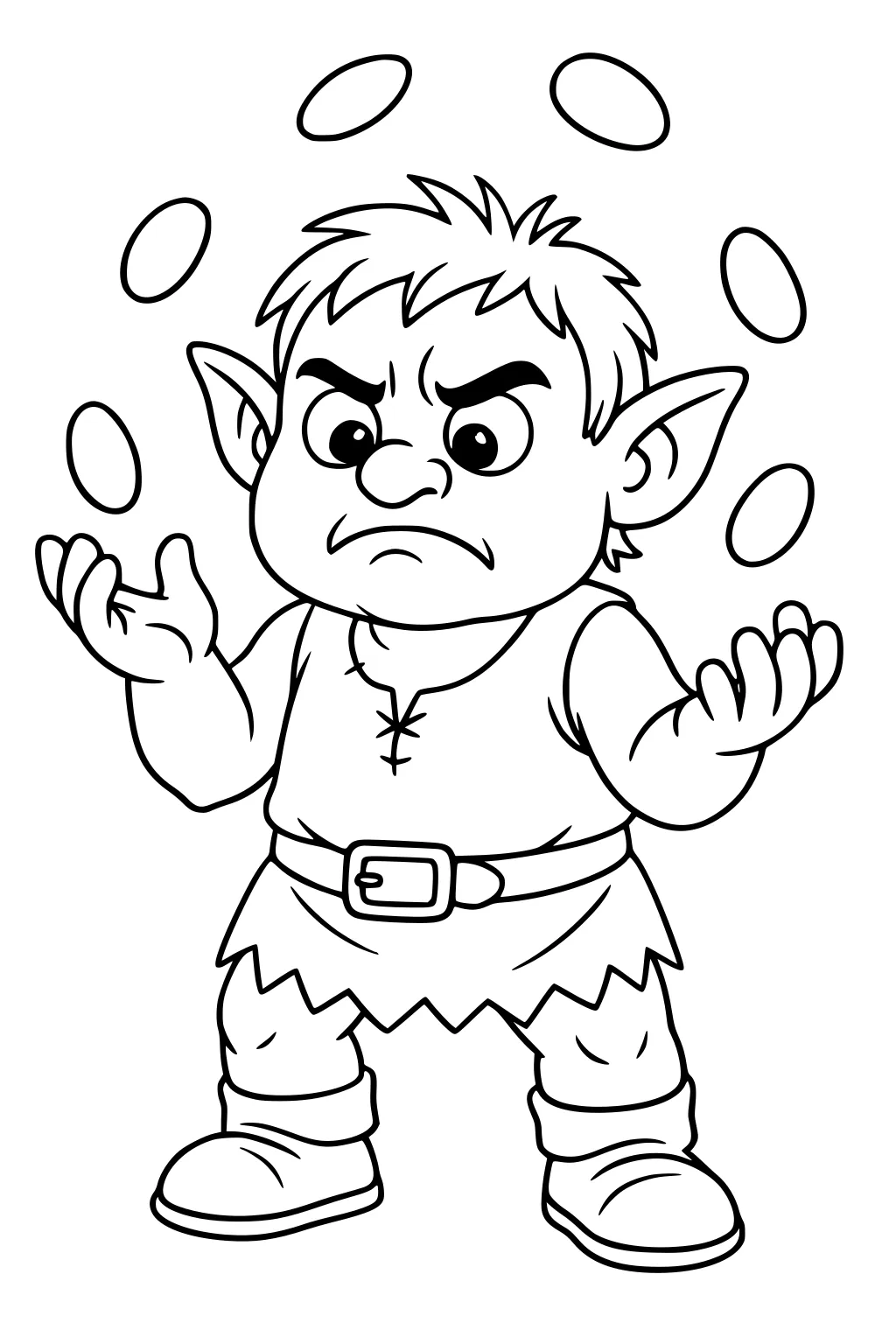 Cartoon ogre boy juggling oval stones, frowning, wearing a ragged tunic, belt, big boots, with pointy ears and messy hair.