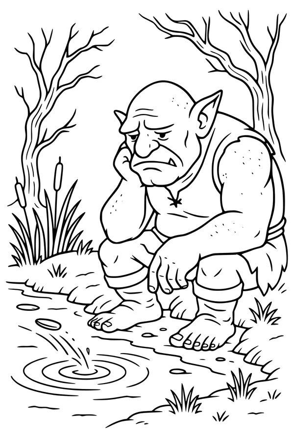 Free Ogre Coloring Page - Sad Monster by the Pond (Printable PDF)