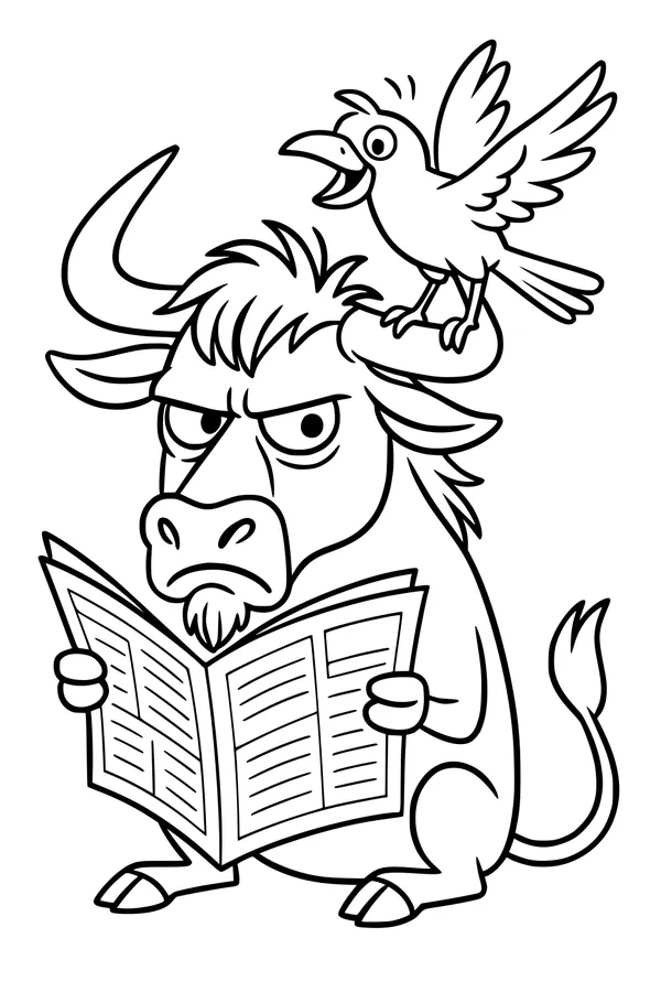 Free Wildebeest Coloring Page - Cartoon Wildebeest Reading With Bird (Printable PDF)