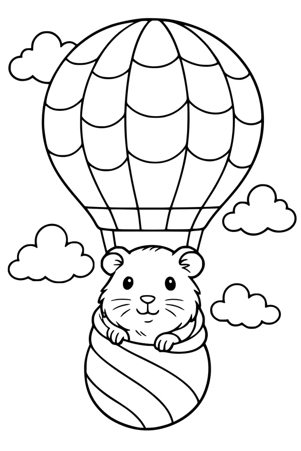 Free Guinea Pig Coloring Page - Hot Air Balloon Ride in the Clouds (Printable PDF)