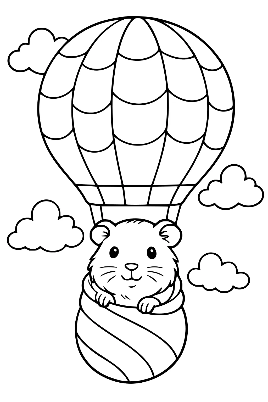 Guinea pig in basket under hot air balloon, floating with four clouds nearby.