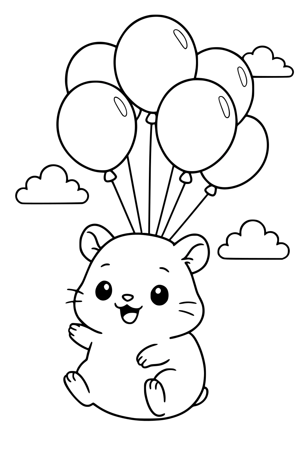 Guinea pig floating in air holding six balloons, with three clouds behind.
