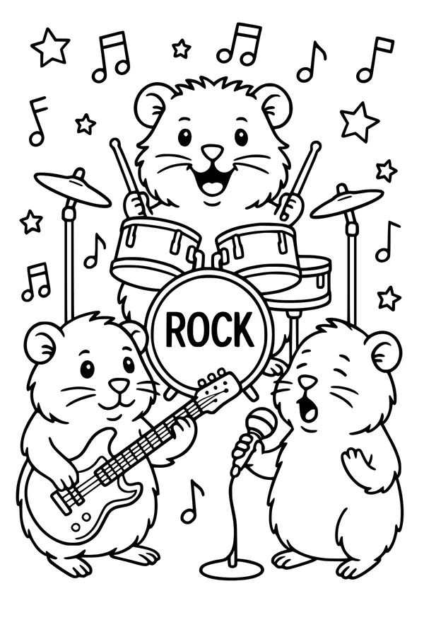 Free Guinea Pig Coloring Page - Rock Band Concert Scene (Printable PDF)