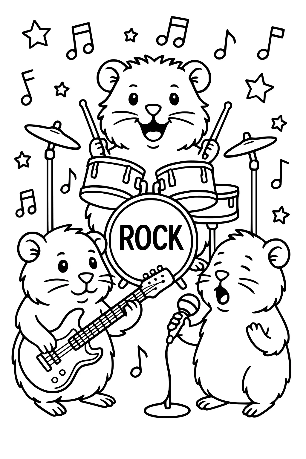Three guinea pigs play in a rock band with drums, guitar, microphone, music notes, and stars surrounding them.