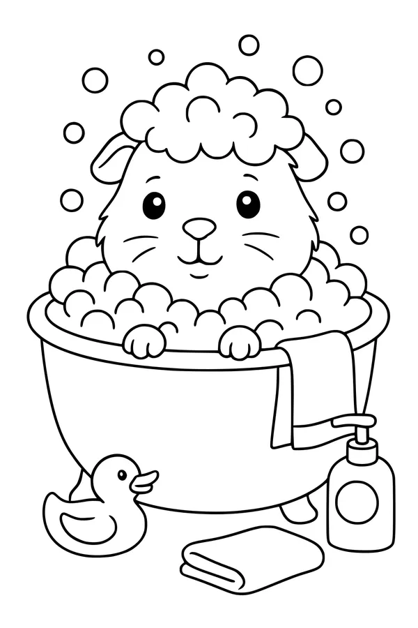 Free Guinea Pig Coloring Page - Bubble Bath in a Bathtub (Printable PDF)