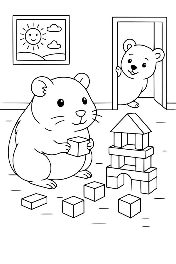 Free Guinea Pig Coloring Page - Block Tower Playroom Fun (Printable PDF)