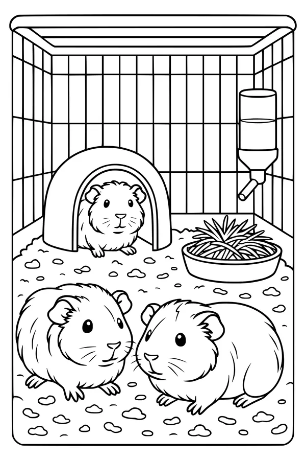 Free Guinea Pig Coloring Page - Cozy Cage Hideout Scene (Printable PDF)
