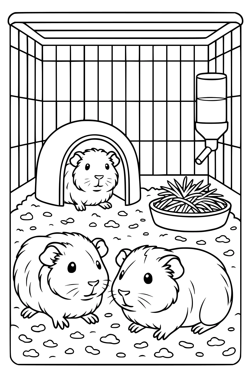 Three guinea pigs in a cage with an igloo house, water bottle, bedding, and a bowl of hay.