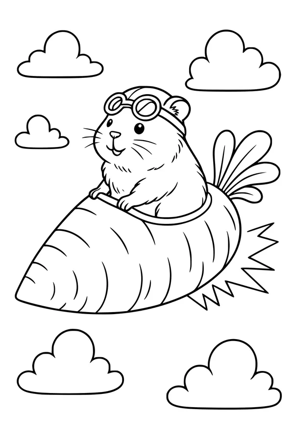 Free Guinea Pig Coloring Page - Flying Carrot Rocket Adventure (Printable PDF)