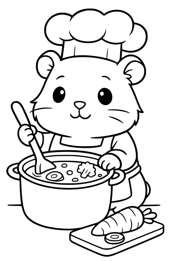 Free Guinea Pig Coloring Page - Cute Chef Cooking Vegetable Soup (Printable PDF)