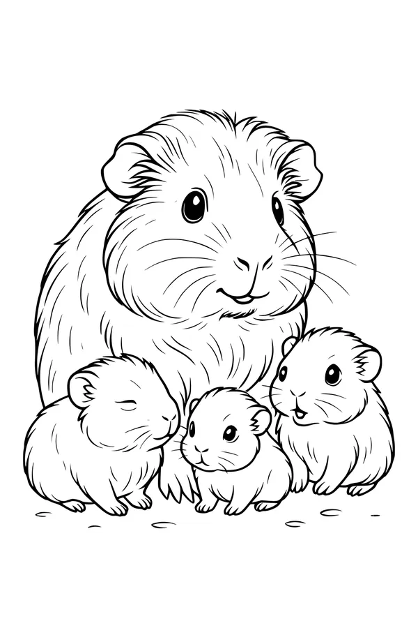 Free Guinea Pig Coloring Page - Mama With Three Baby Pups (Printable PDF)
