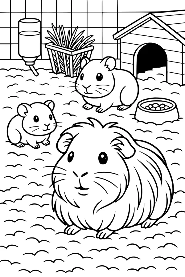 Free Guinea Pig Coloring Page - Cute Family in Cozy Pen (Printable PDF)