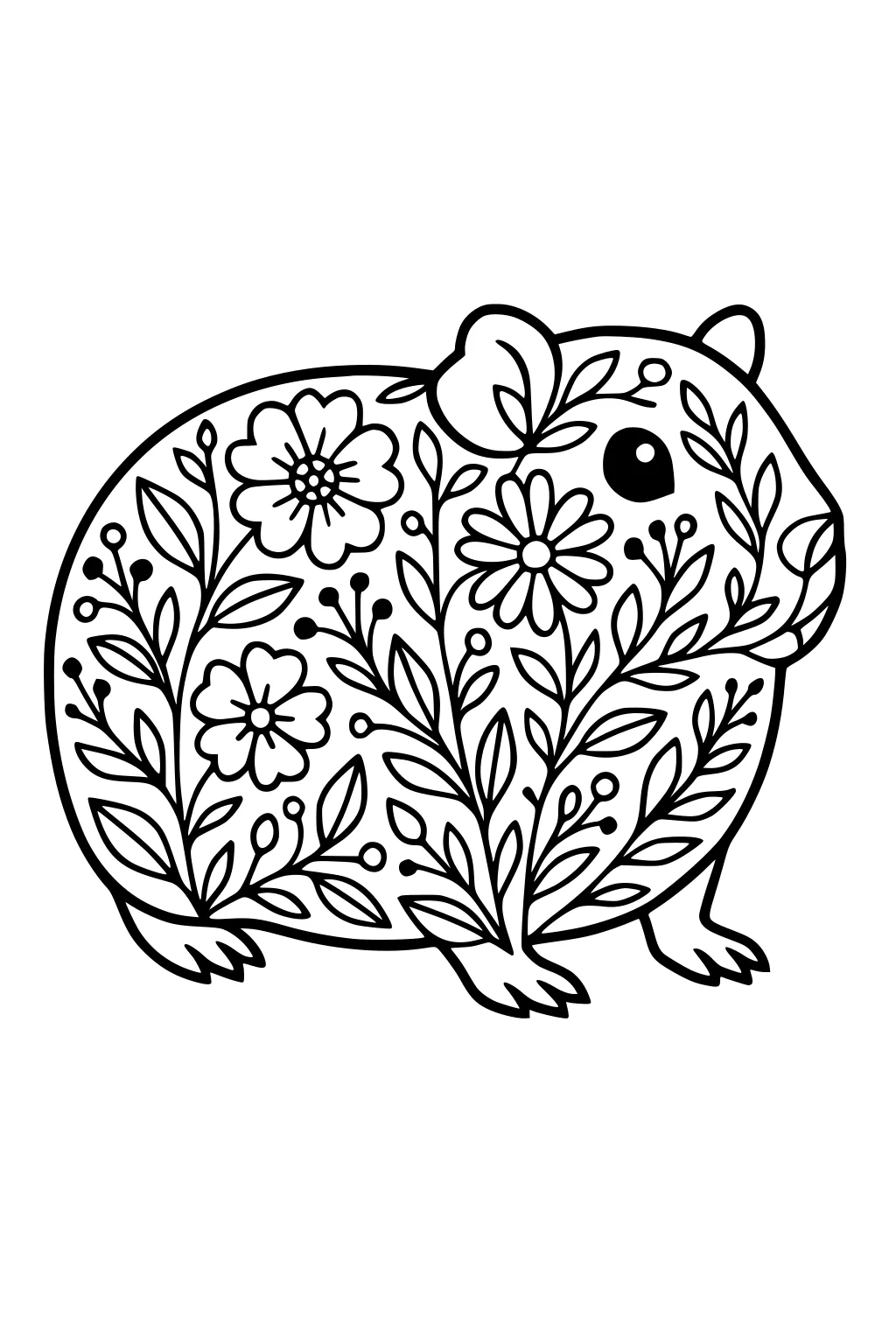 Guinea pig outlined with flowers, leaves, and vines over its body in a cartoon style.