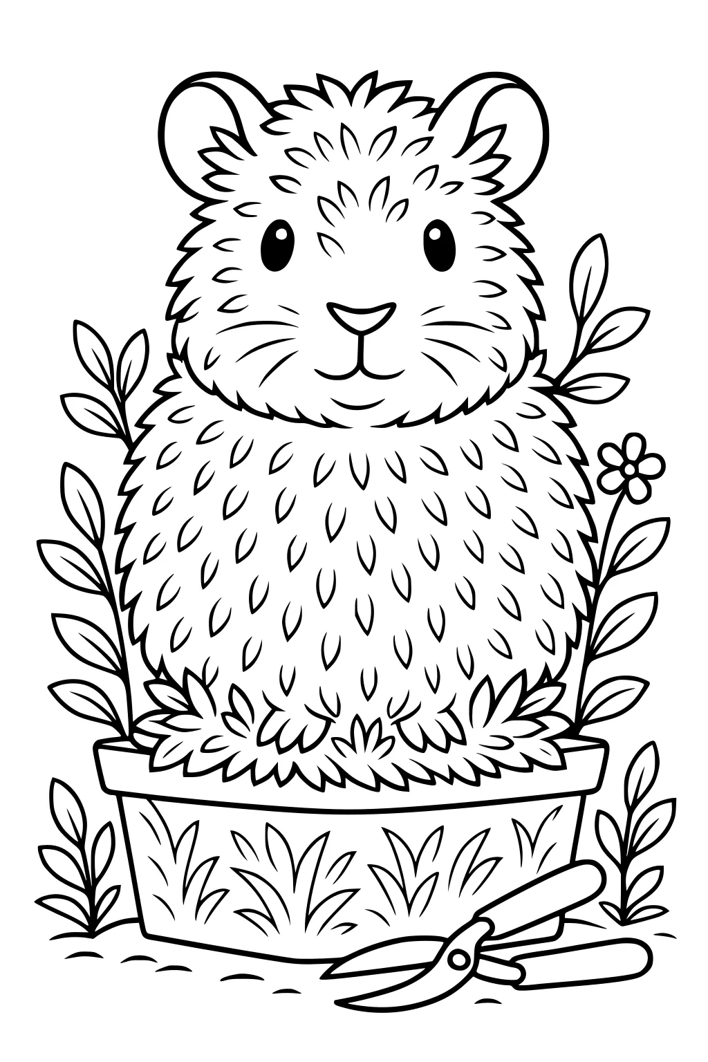 Guinea pig sitting in a planter box surrounded by leaves, one flower, and garden shears on the ground.