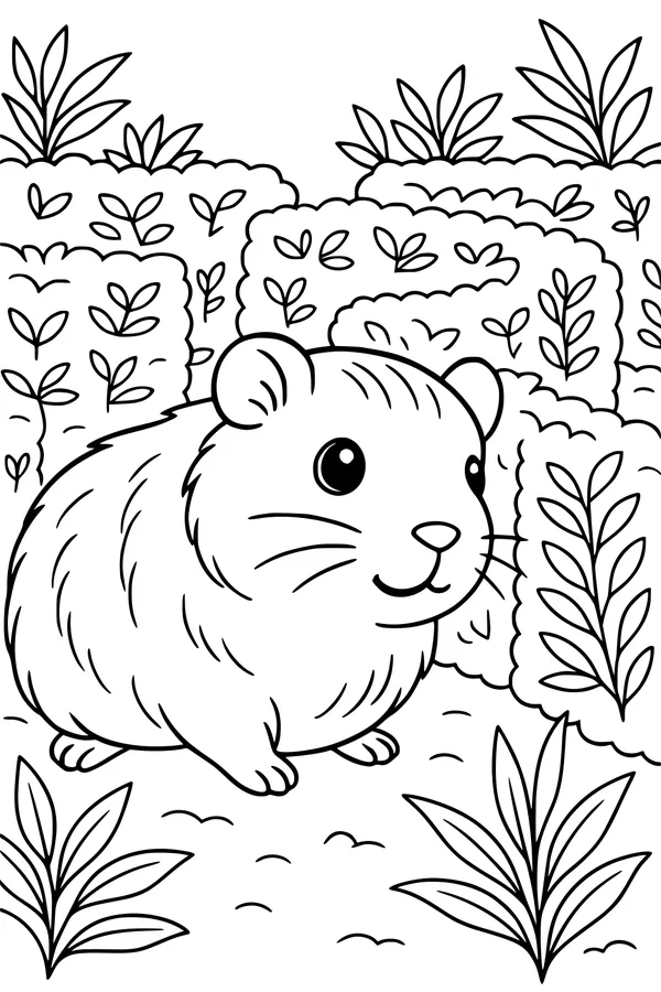 Free Guinea Pig Coloring Page - Cute Pet in Leafy Garden (Printable PDF)
