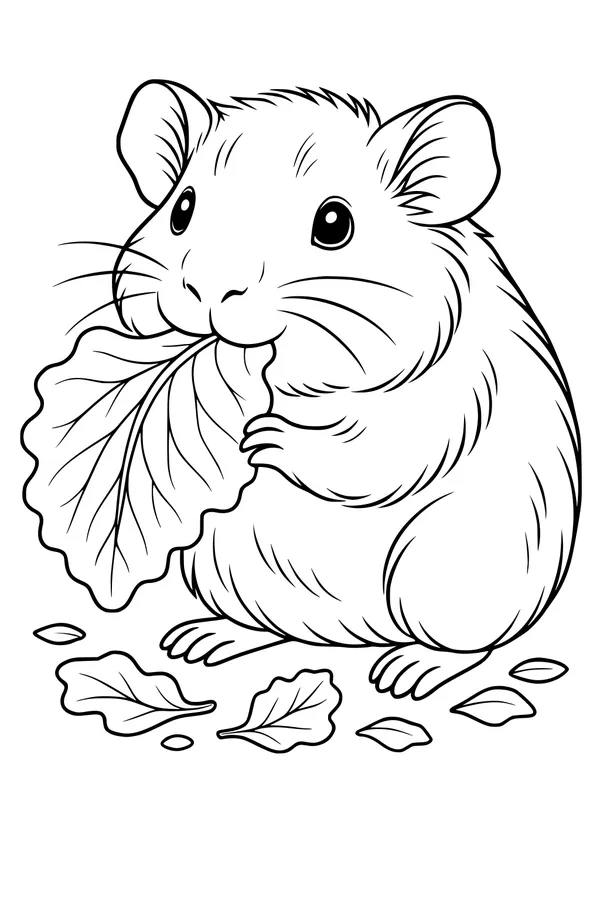 Free Guinea Pig Coloring Page - Cute Pet Eating Leaf (Printable PDF)