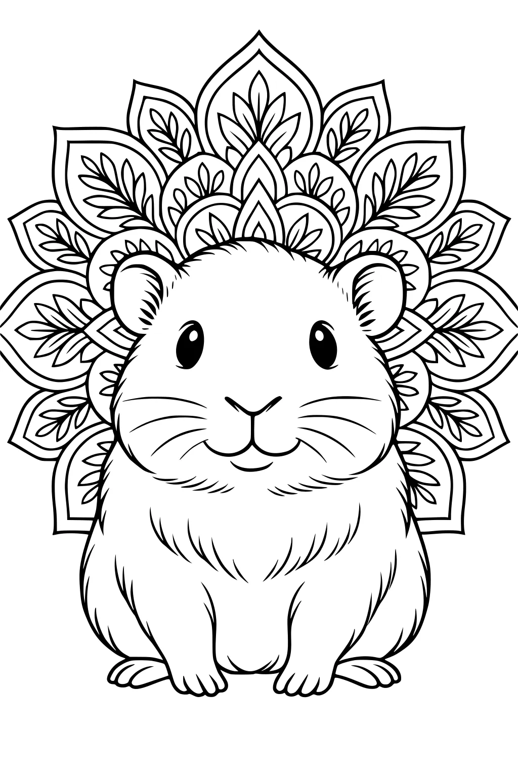 Guinea pig sitting with a mandala of leafy flower petals behind it, facing forward, with soft fur and large eyes.
