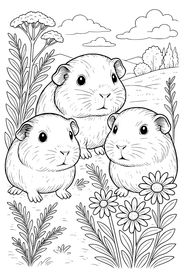 Free Guinea Pig Coloring Page - Three Pigs in a Wildflower Meadow (Printable PDF)